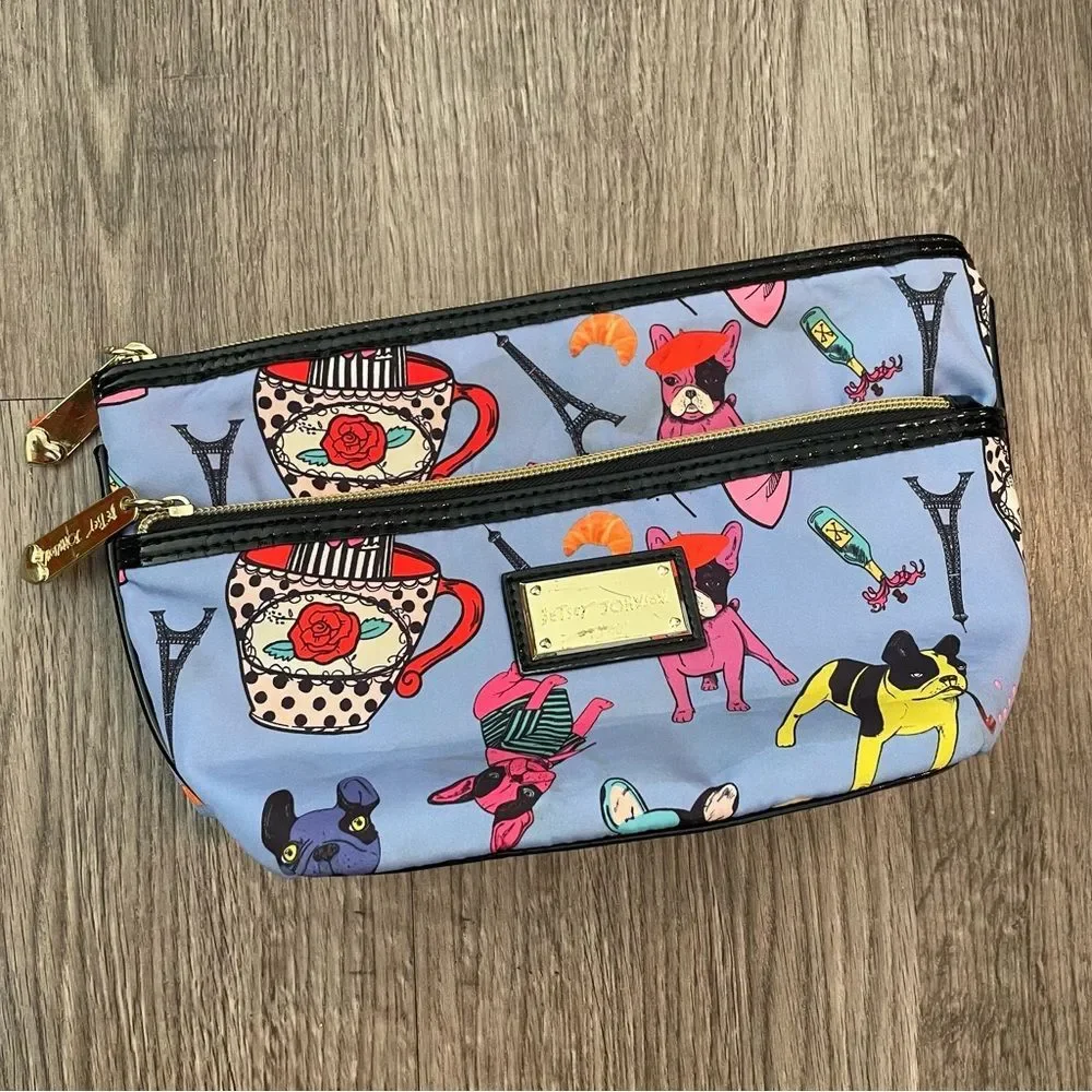 BETSEY JOHNSON French Paris Print Cosmetic Bag French Bulldog Tea Cup Pop Art